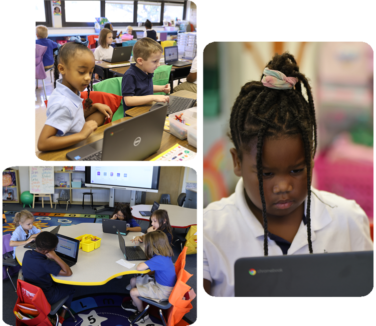 Collage showcasing various student activities including academics, science, and hands-on projects.